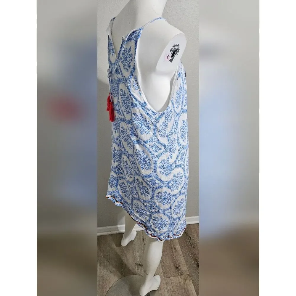 THML Boho White Seersucker Halter Dress, Embroidery, Tassles, Size XXL